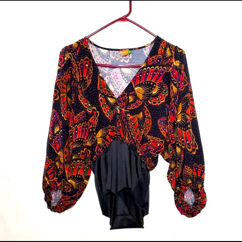 FARM Rio Butterfly Sky Print Button Front Blouse Bodysuit